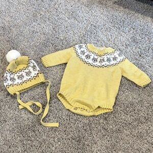 Yellow Knit Baby Romper and Hat Set